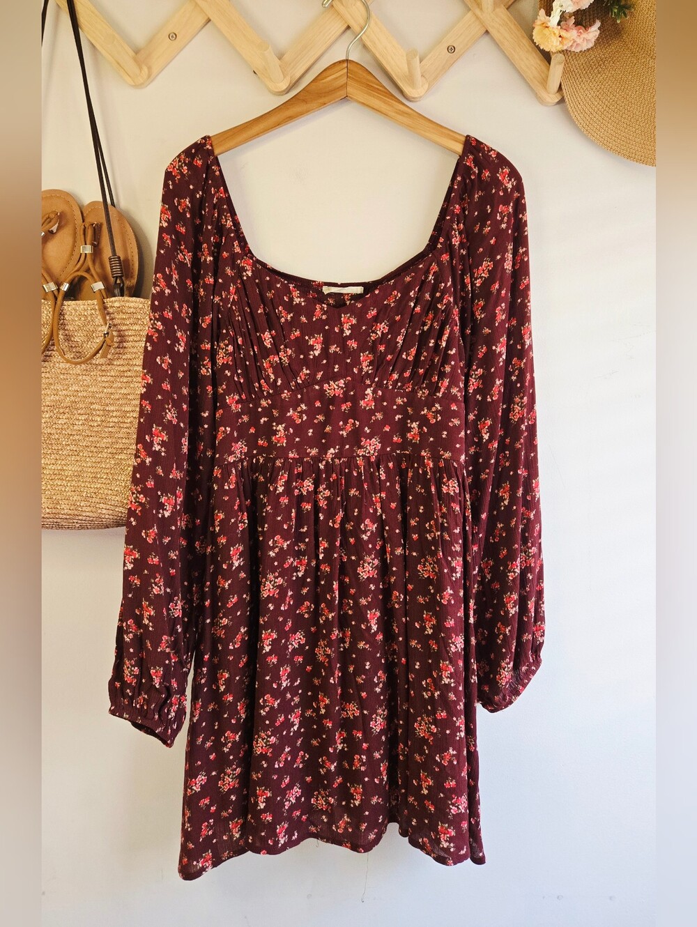 Altar'd State Burgundy Floral Long-Sleeve Dress